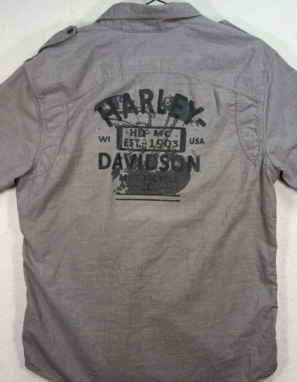 Harley Davidson Shirt Mens XL Grey Striped Short Sleeve Graphic Button Up‎ Work